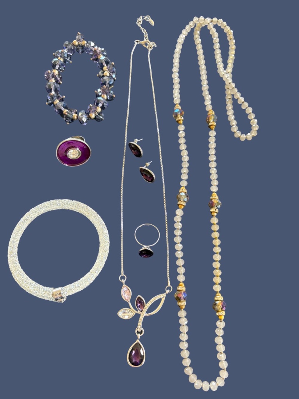 Elegant Purple Crystal Necklace and Earring Set . Swarovski bracelet